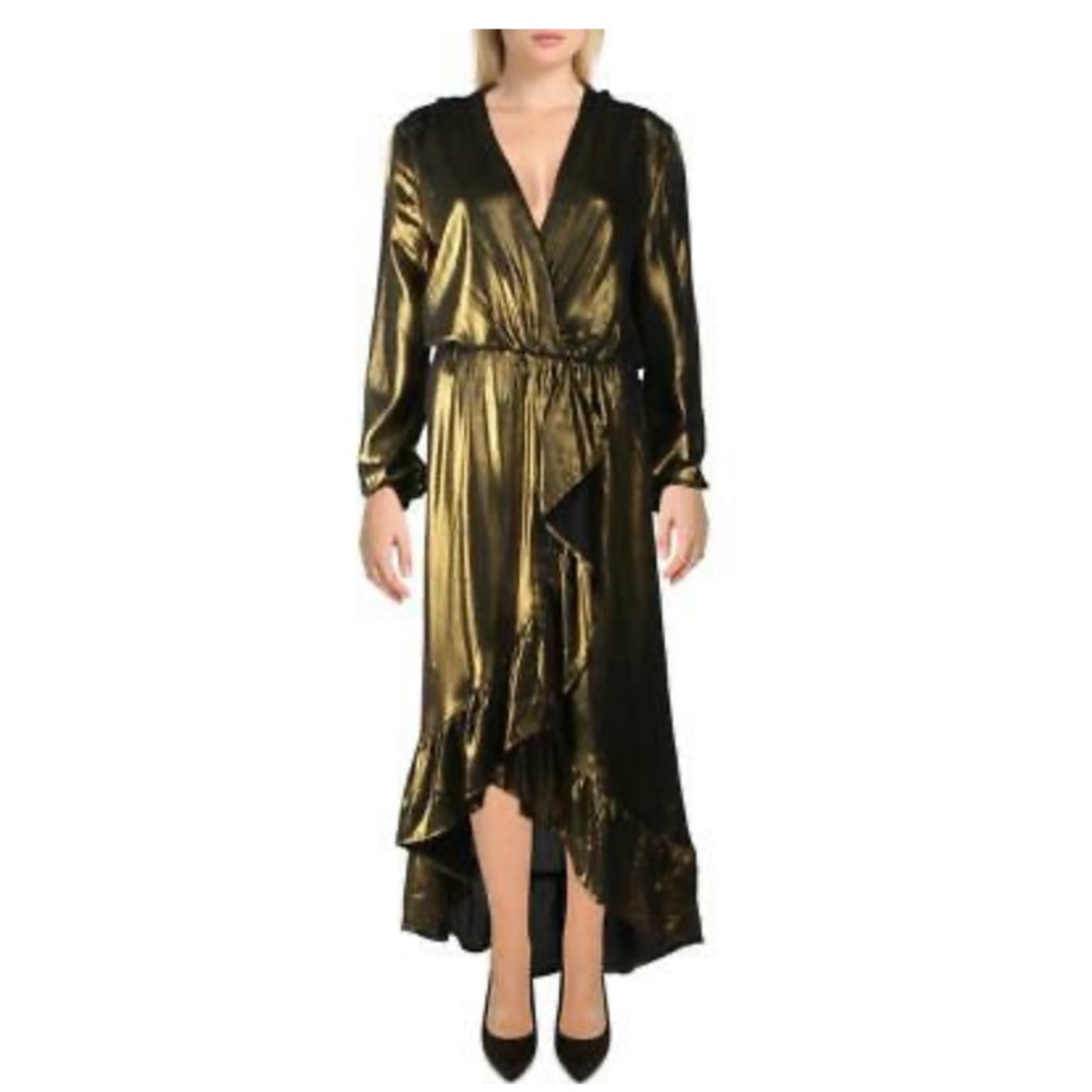 WAYF Gold Ruffled Midi Party Cocktail Dress